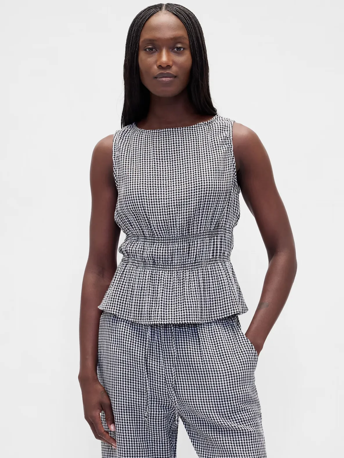 Cotton Gauze Smocked-Waist Peplum Top