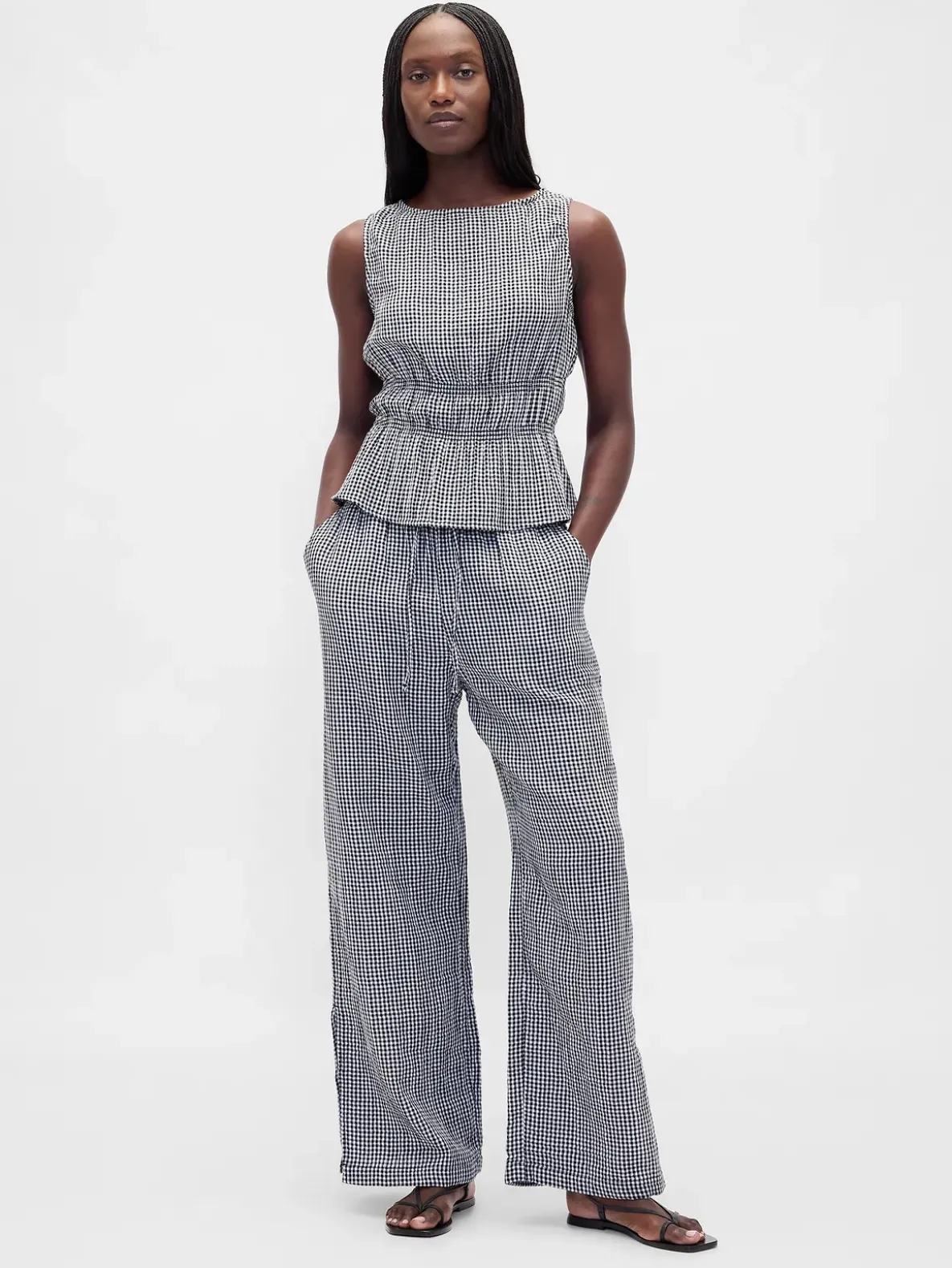 Cotton Gauze Smocked-Waist Peplum Top