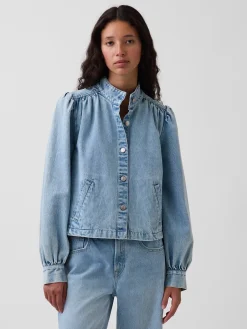 Denim Balloon-Sleeve Crop Swing Jacket