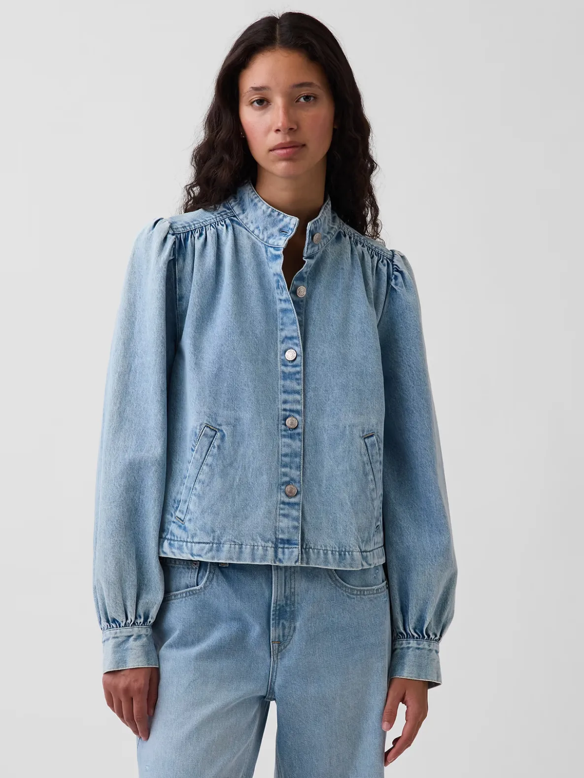 Denim Balloon-Sleeve Crop Swing Jacket