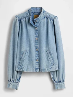 Denim Balloon-Sleeve Crop Swing Jacket