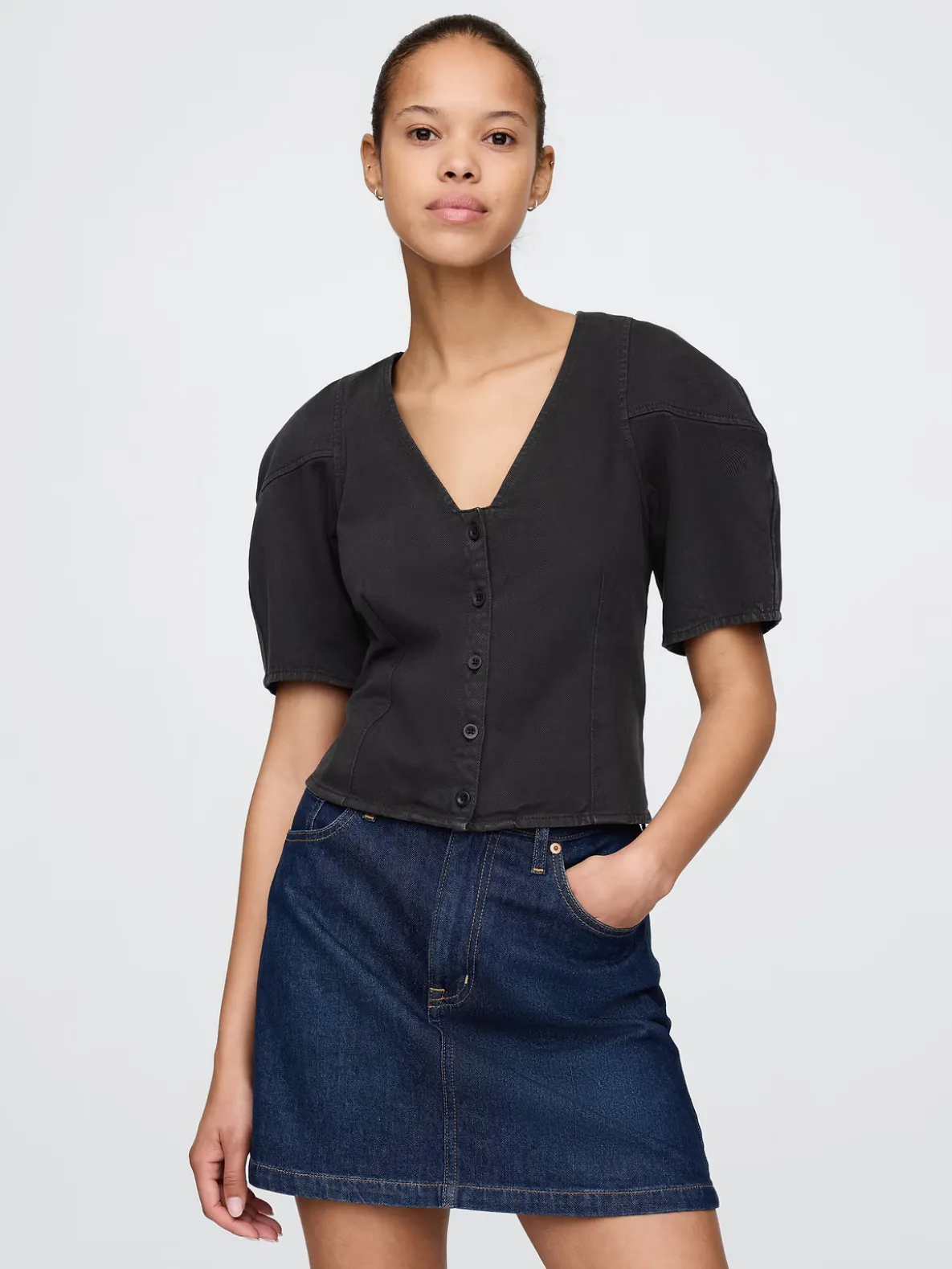 Denim Barrel-Sleeve Crop Shirt
