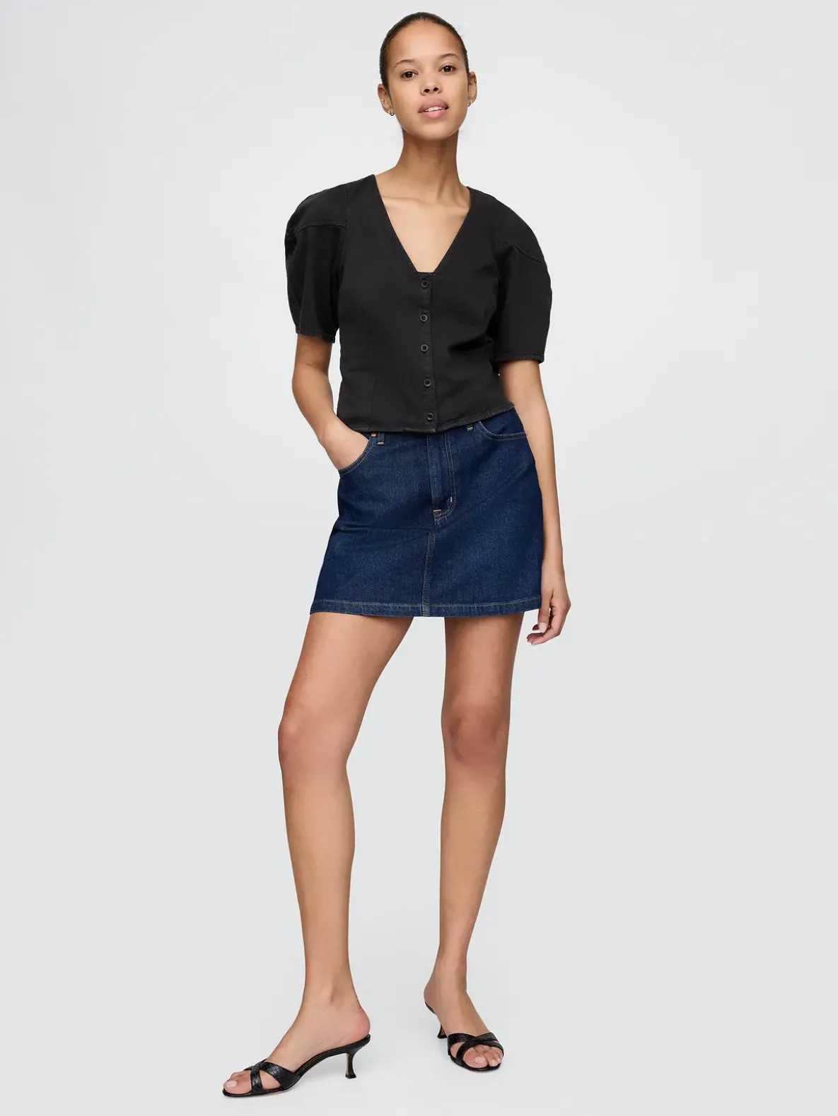 Denim Barrel-Sleeve Crop Shirt