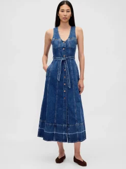 Denim Belted Button-Front Maxi Dress