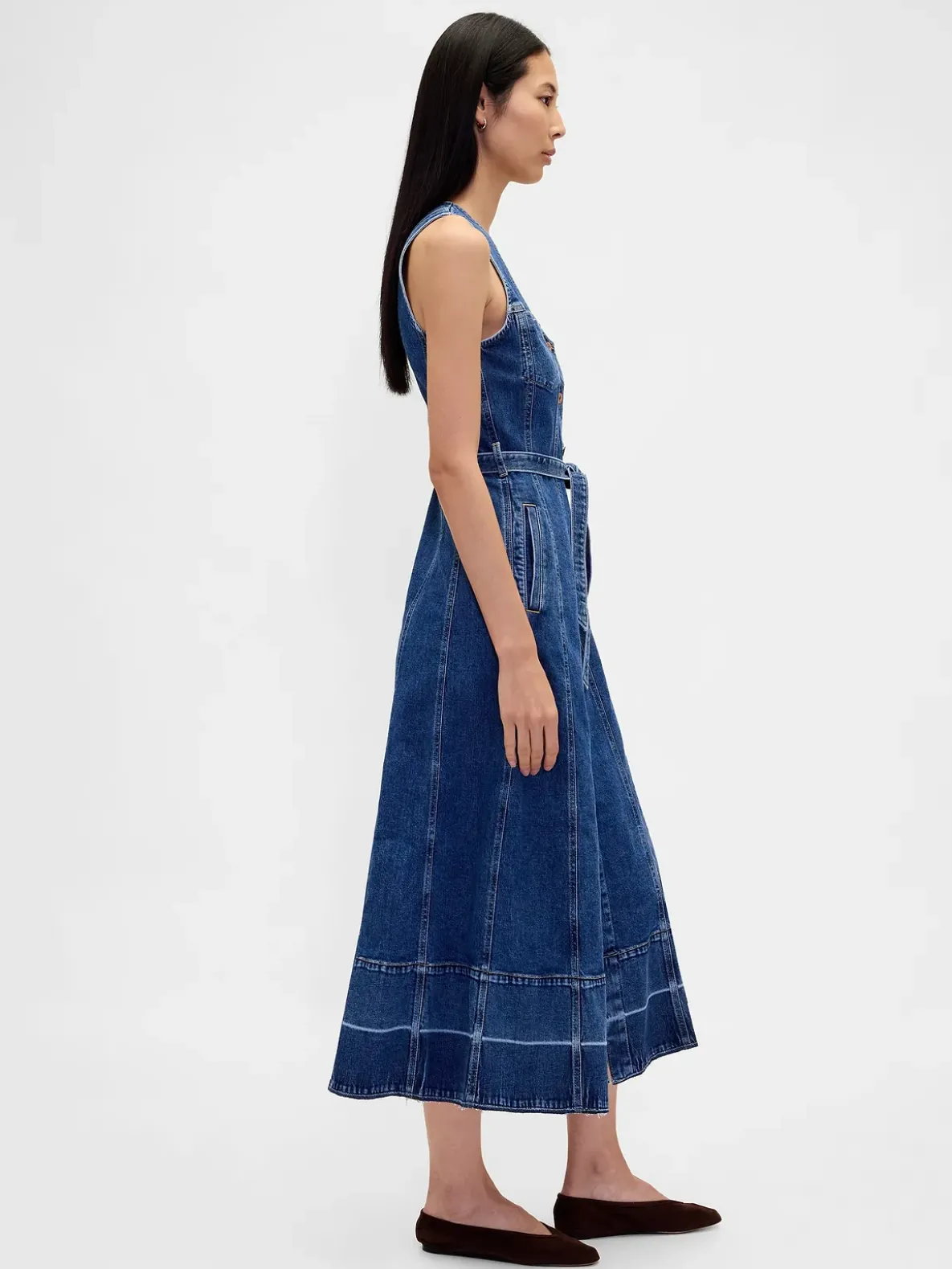 Denim Belted Button-Front Maxi Dress