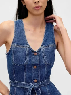 Denim Belted Button-Front Maxi Dress