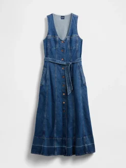 Denim Belted Button-Front Maxi Dress
