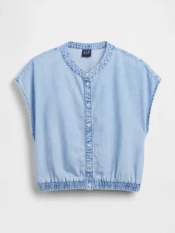 Denim Cap-Sleeve Crop Button-Front Top