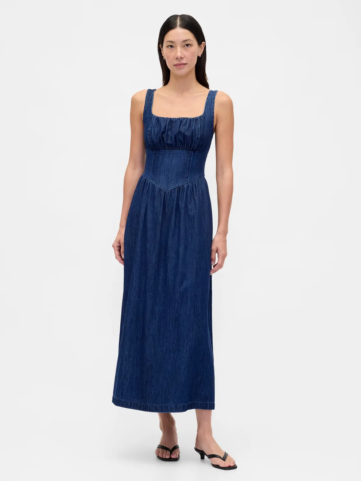 Denim Drop-Waist Corset Midi Dress