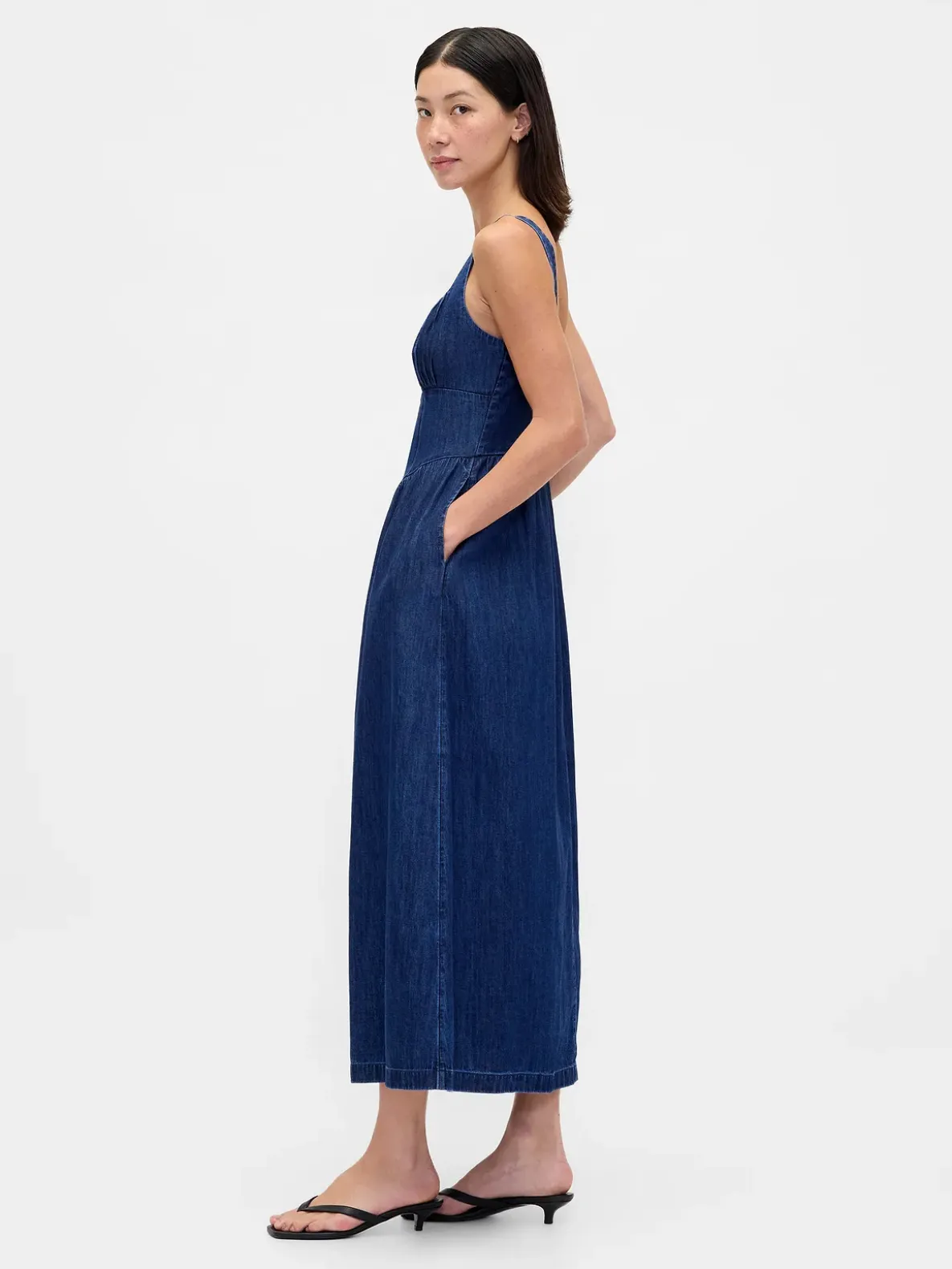 Denim Drop-Waist Corset Midi Dress