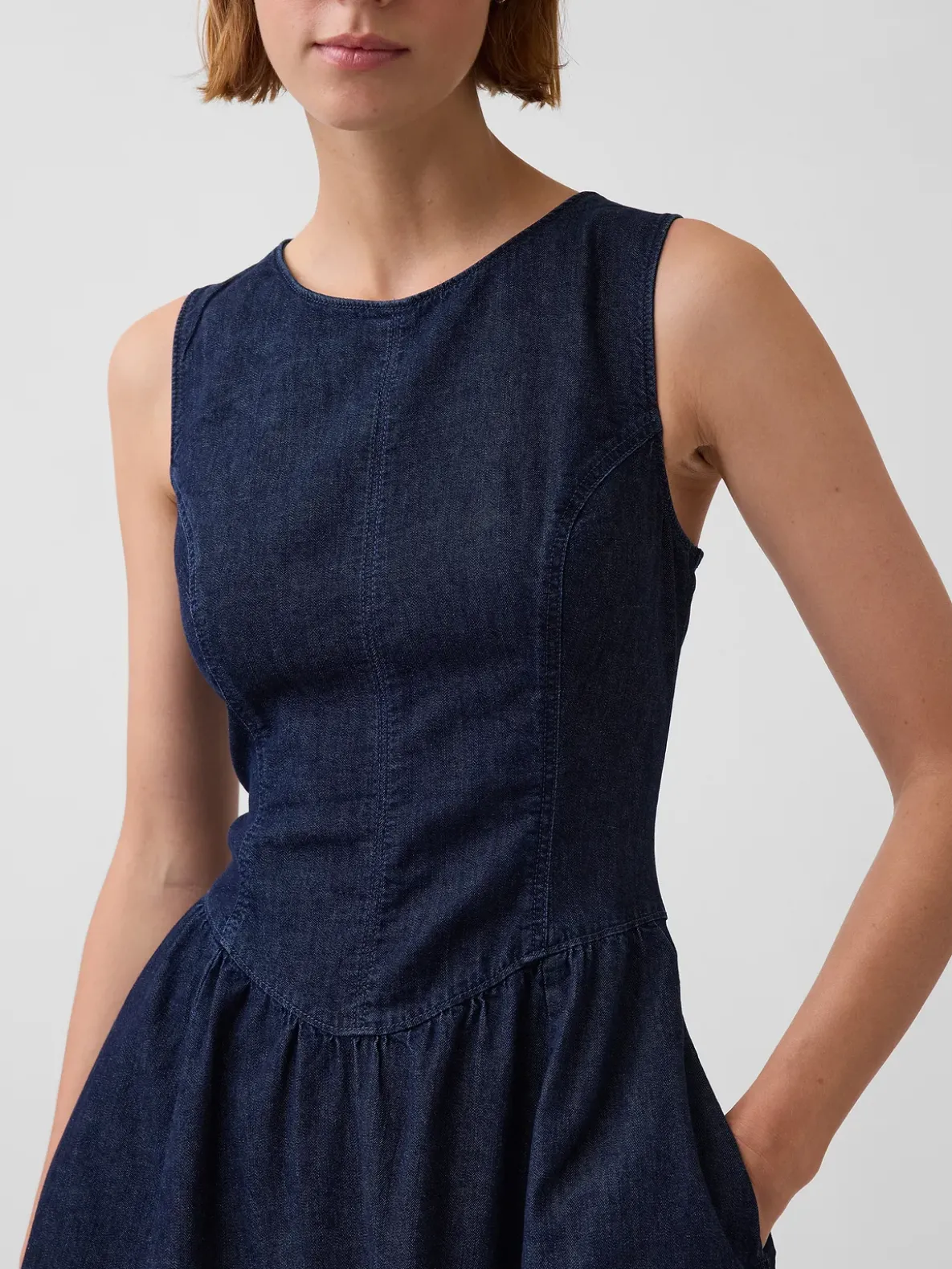 Denim Drop-Waist Midi Dress
