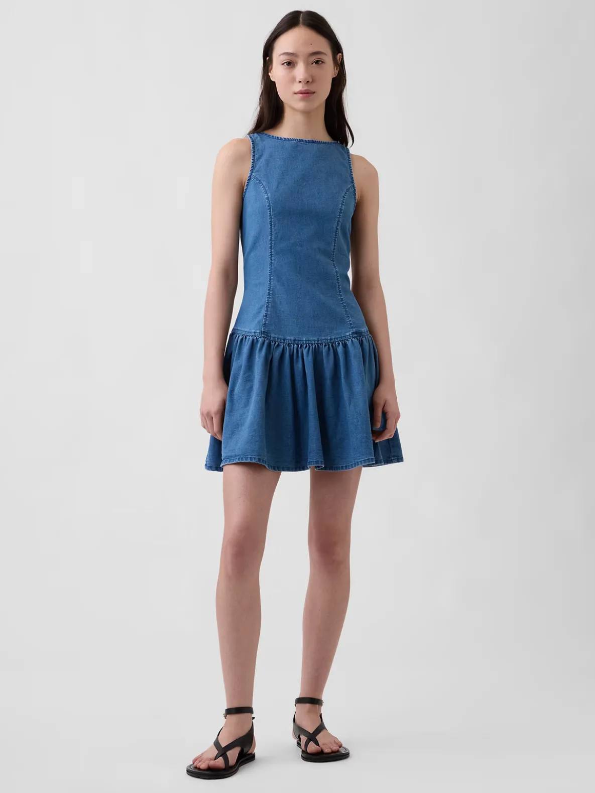Denim Drop-Waist Mini Dress