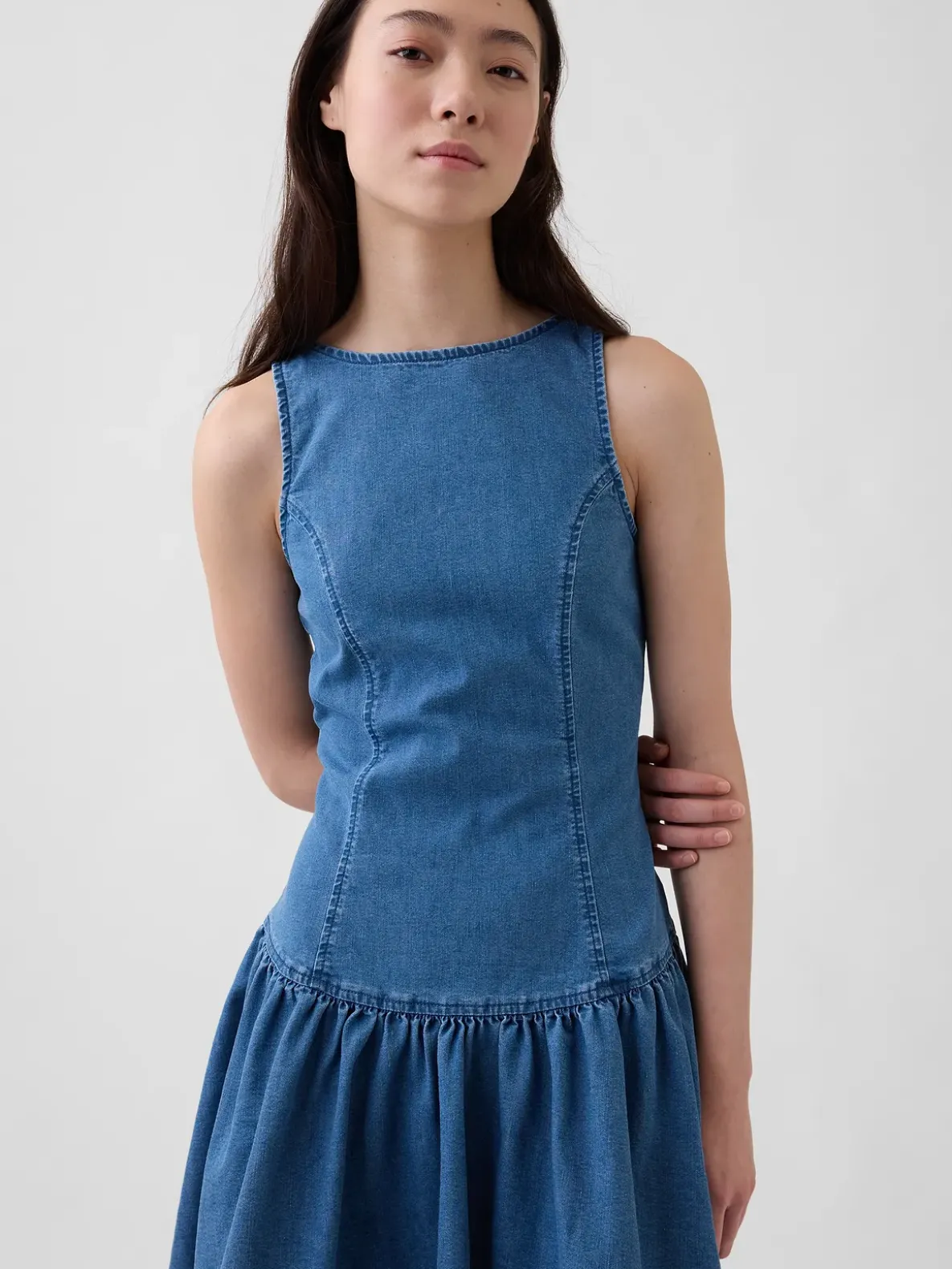 Denim Drop-Waist Mini Dress