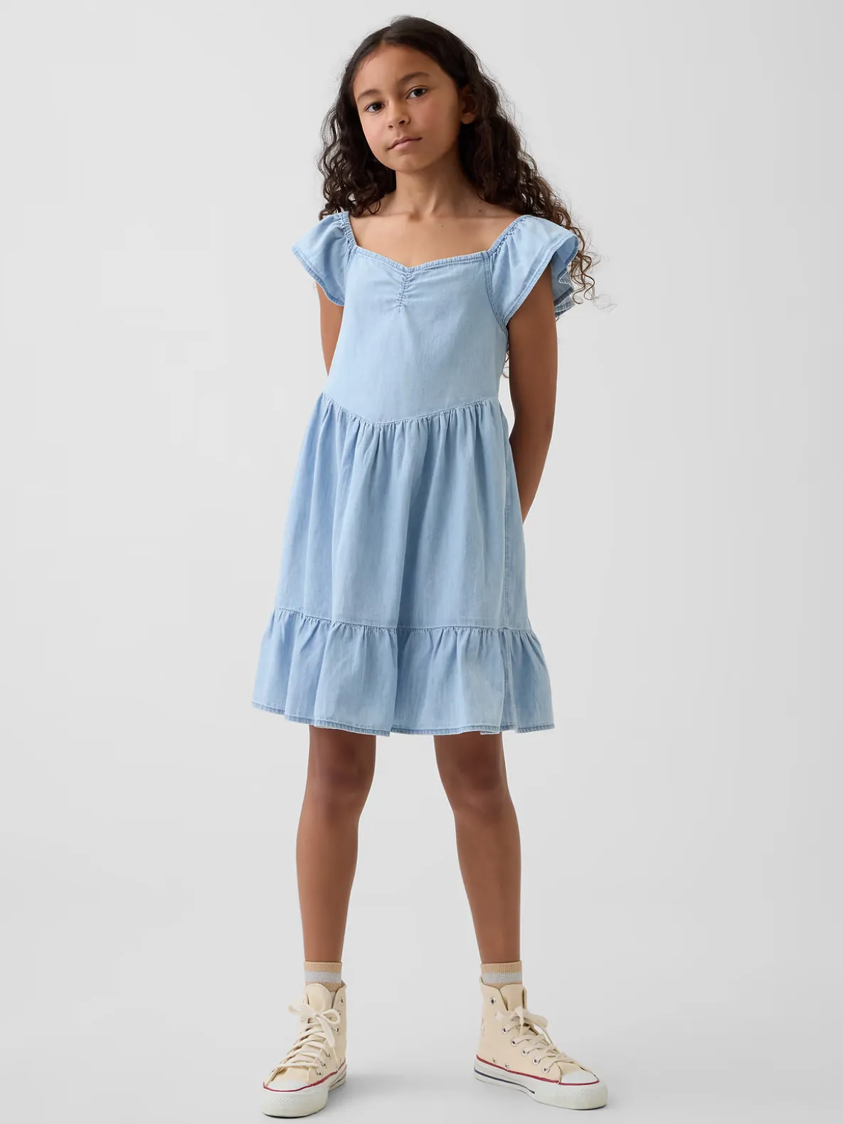 Denim Flutter-Sleeve Sweetheart Dress