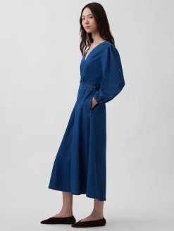 Denim Pieced-Waist Midi Dress