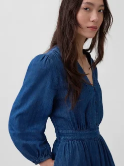 Denim Pieced-Waist Midi Dress