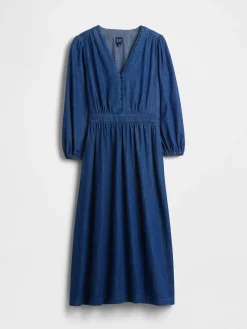 Denim Pieced-Waist Midi Dress