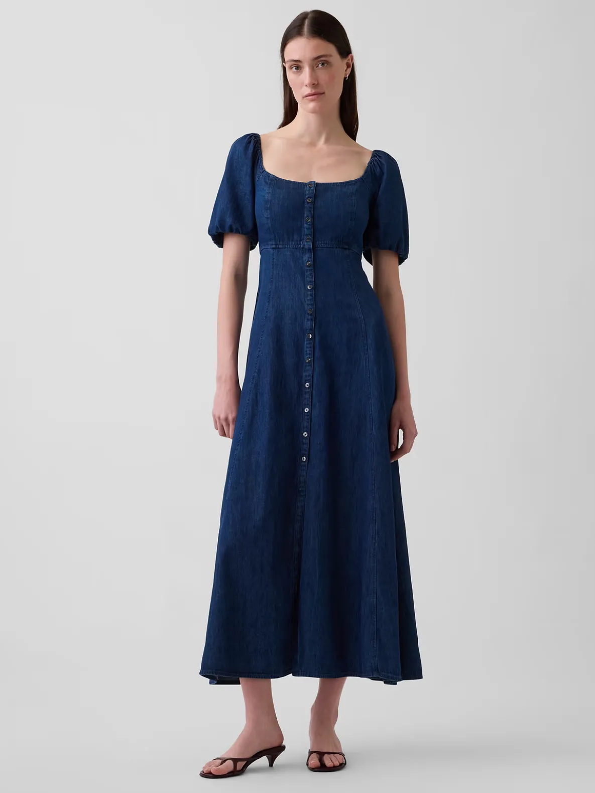 Denim Puff-Sleeve Button-Front Maxi Dress
