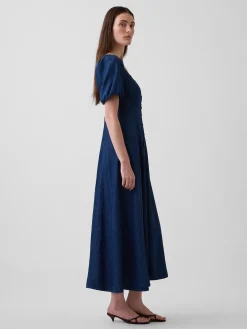 Denim Puff-Sleeve Button-Front Maxi Dress