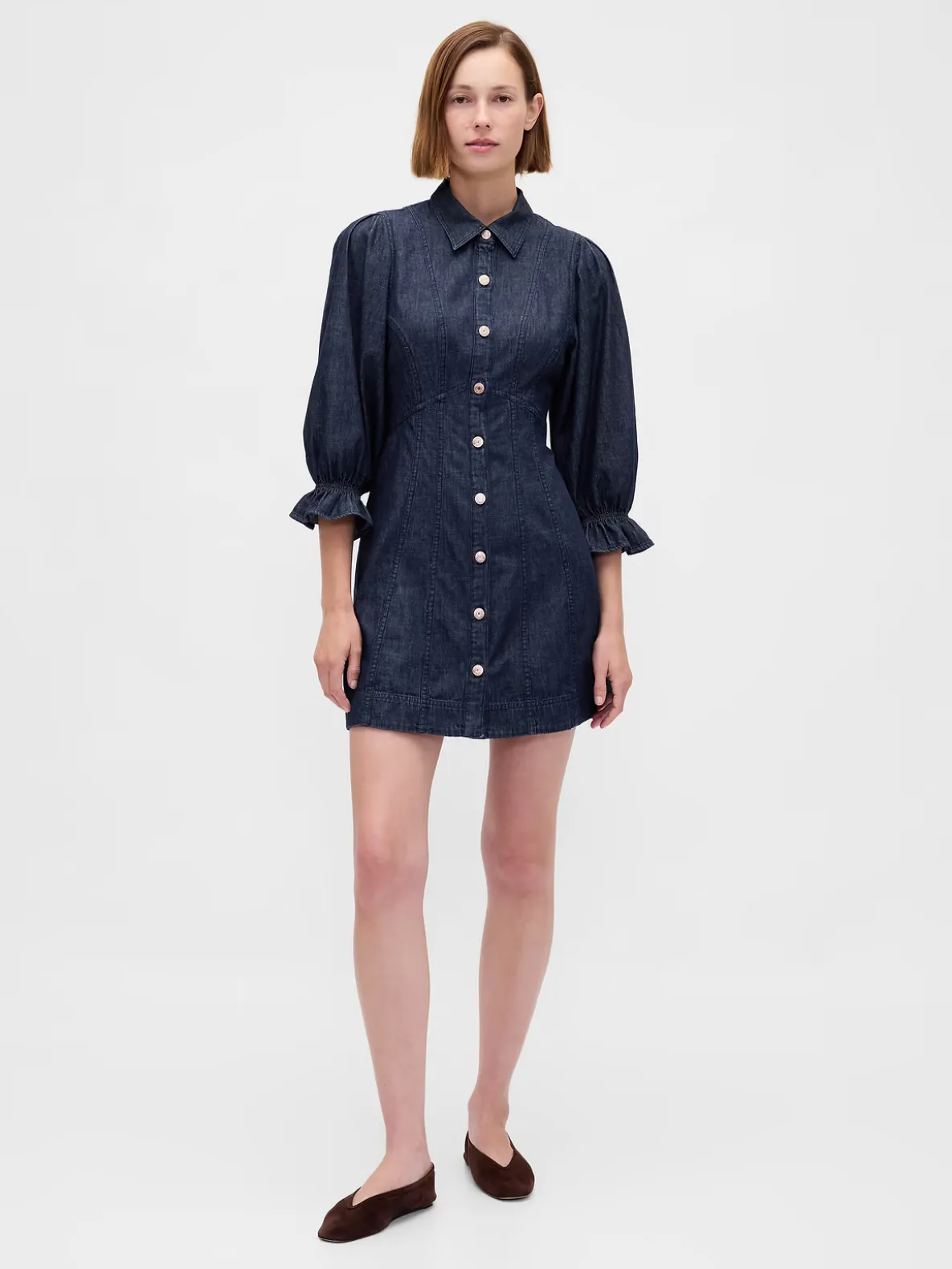 Denim Puff-Sleeve Seamed Mini Dress