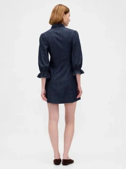 Denim Puff-Sleeve Seamed Mini Dress