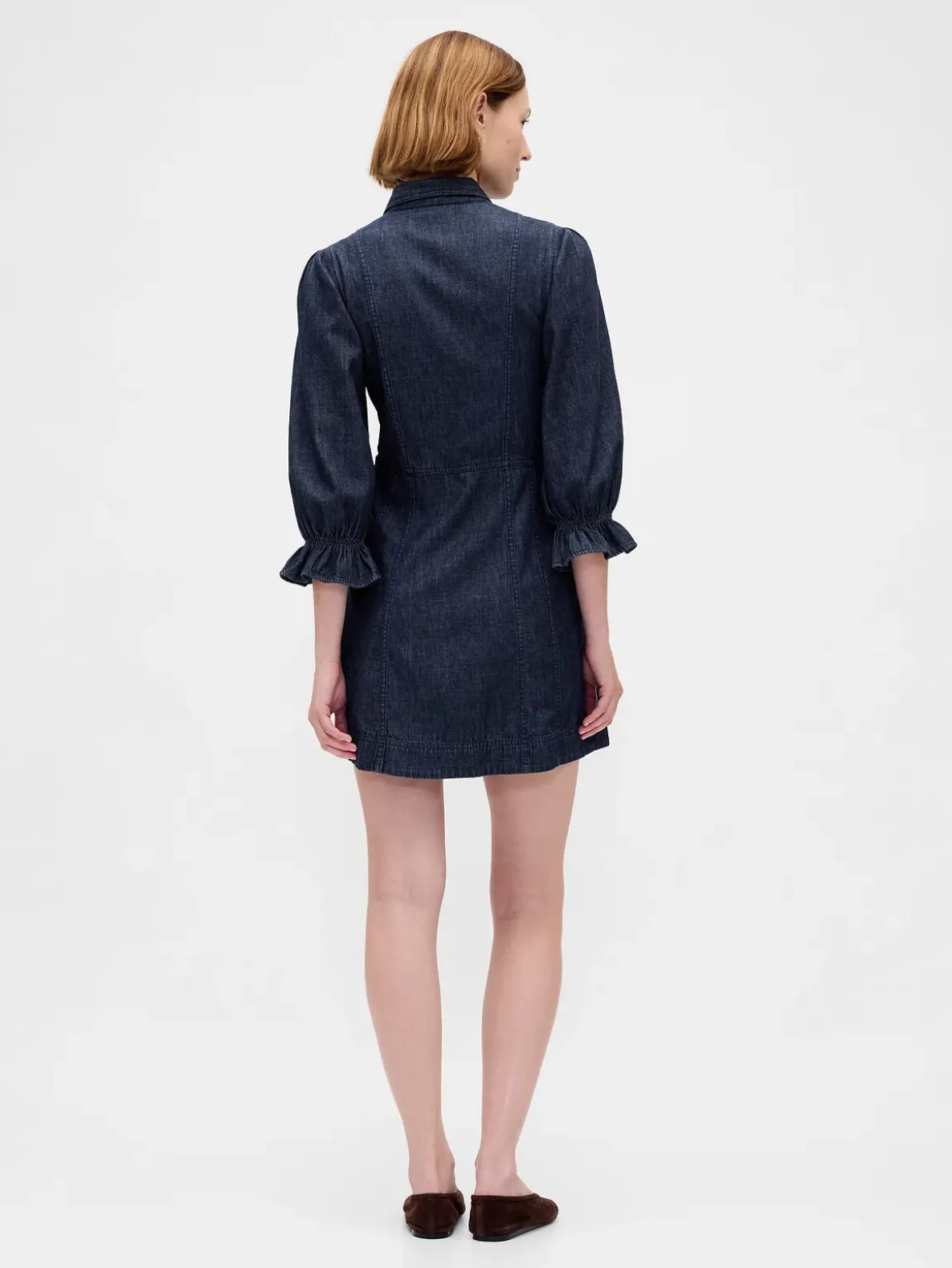 Denim Puff-Sleeve Seamed Mini Dress