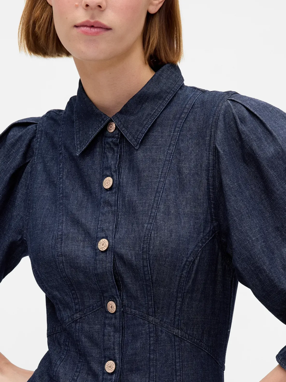 Denim Puff-Sleeve Seamed Mini Dress