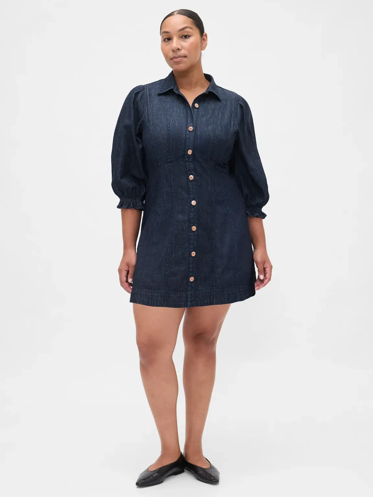 Denim Puff-Sleeve Seamed Mini Dress