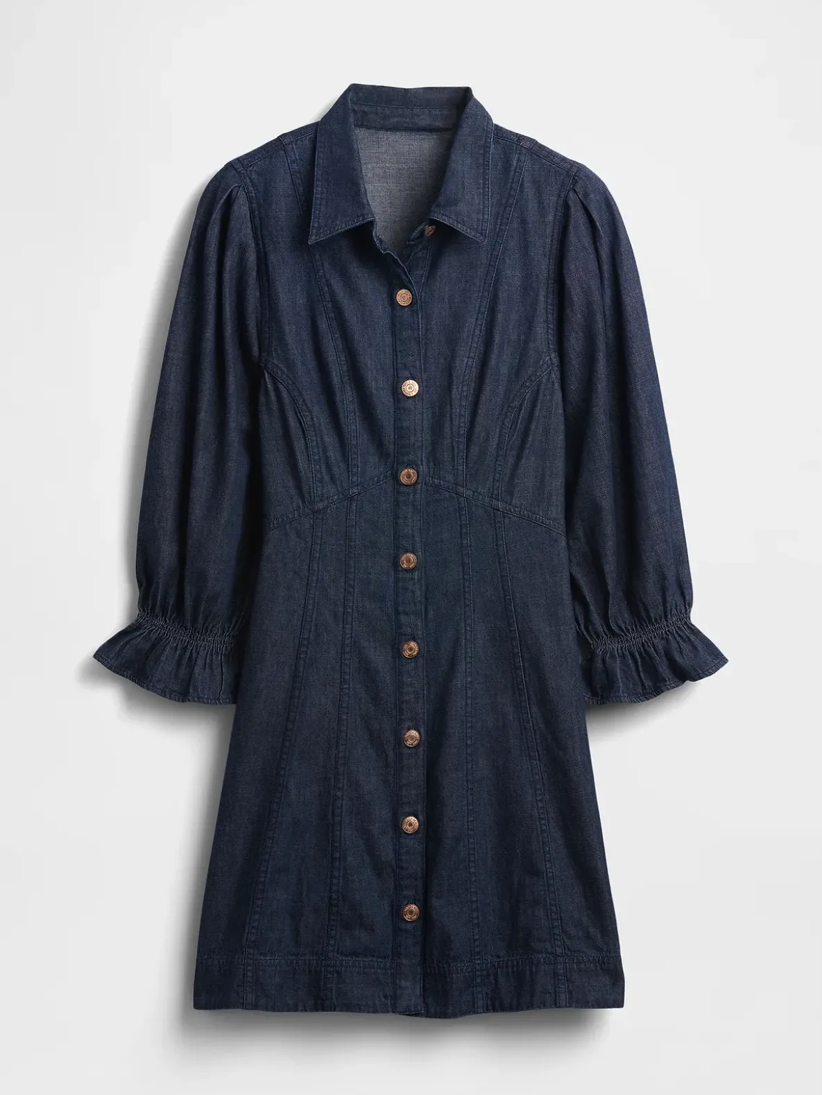Denim Puff-Sleeve Seamed Mini Dress
