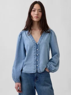 Denim Puff-Sleeve Top