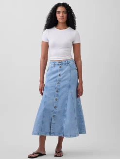 Denim Seamed Button-Front Maxi Skirt