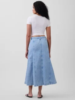 Denim Seamed Button-Front Maxi Skirt