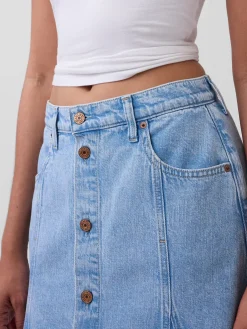 Denim Seamed Button-Front Maxi Skirt