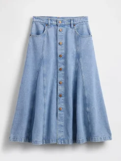 Denim Seamed Button-Front Maxi Skirt