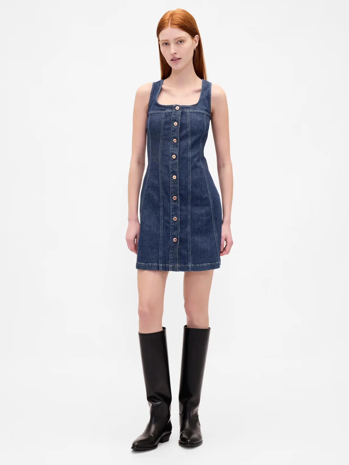 Denim Seamed Button-Front Mini Dress