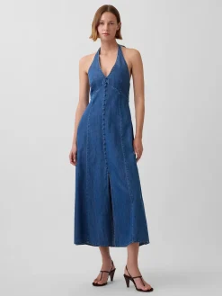 Denim Seamed Halter Maxi Dress