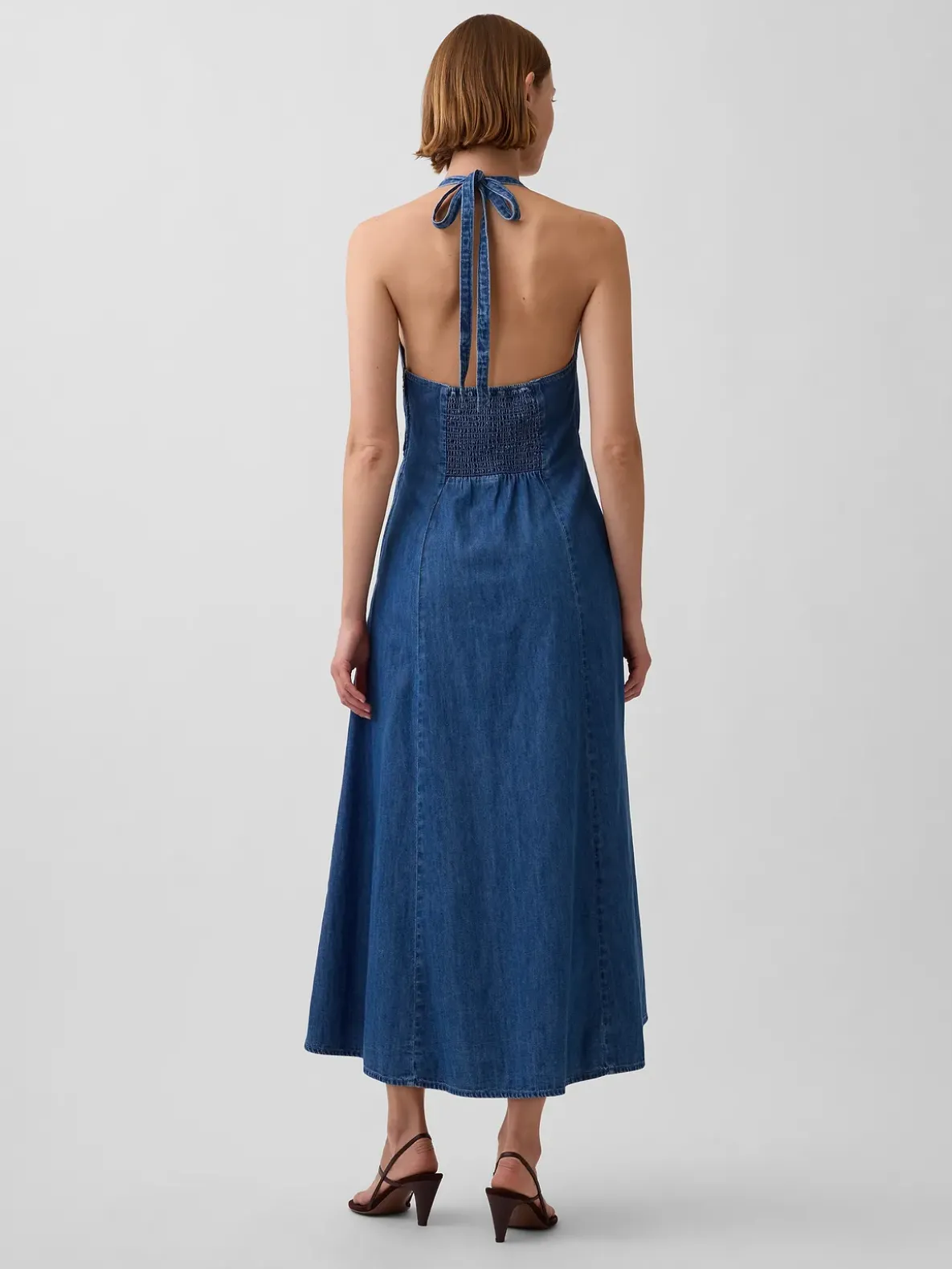 Denim Seamed Halter Maxi Dress