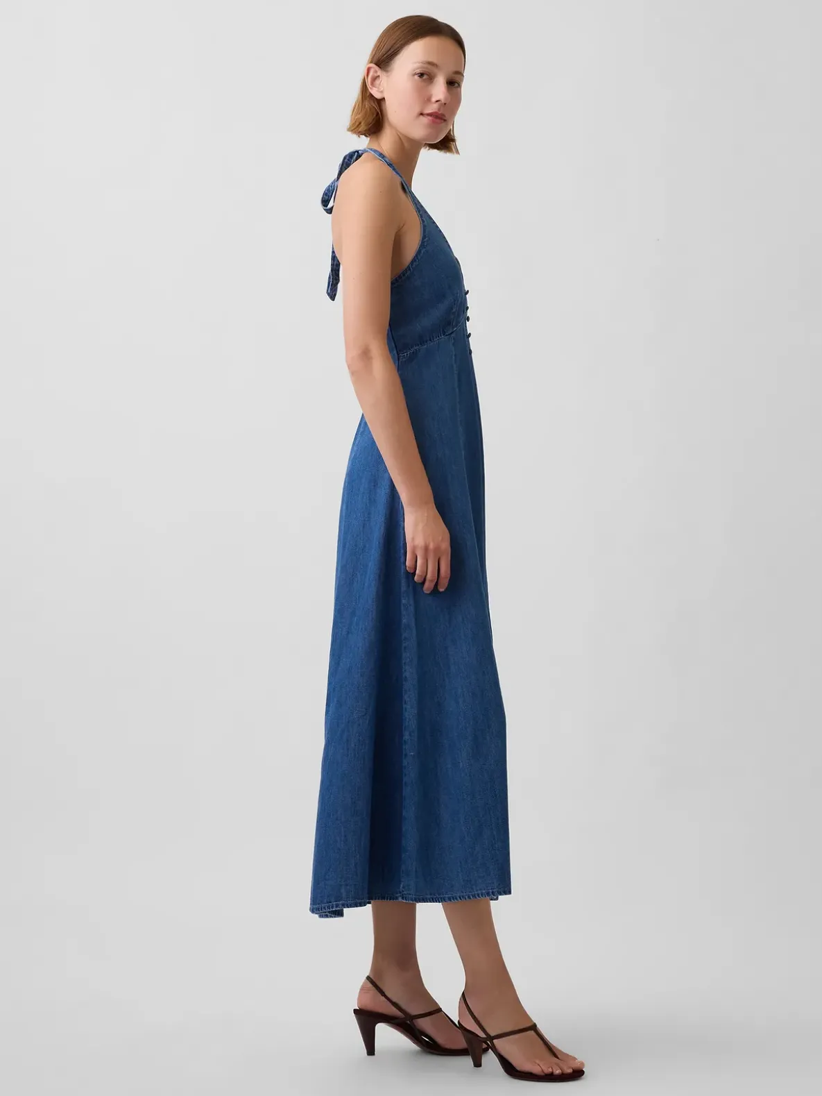 Denim Seamed Halter Maxi Dress