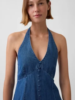 Denim Seamed Halter Maxi Dress