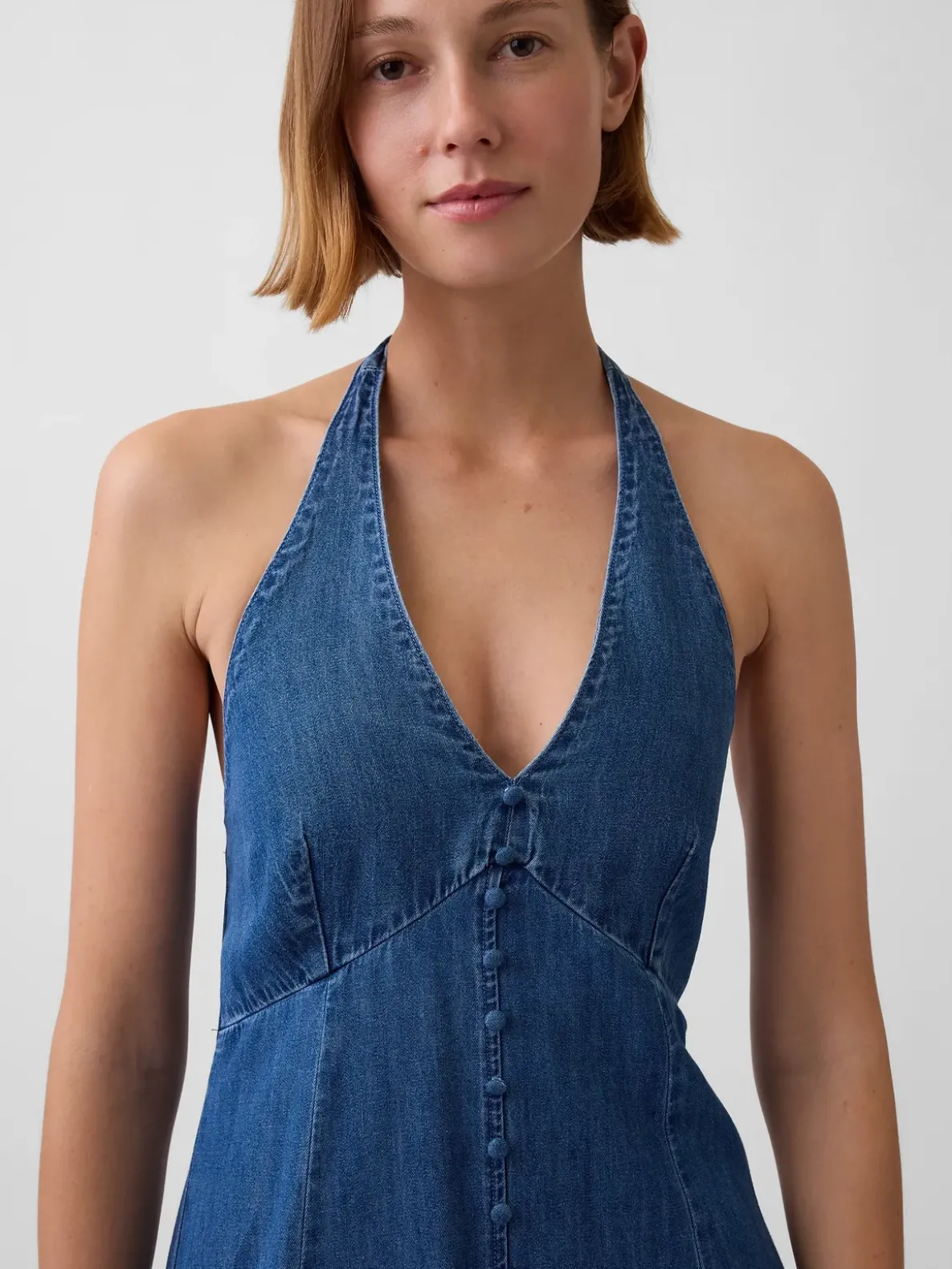 Denim Seamed Halter Maxi Dress