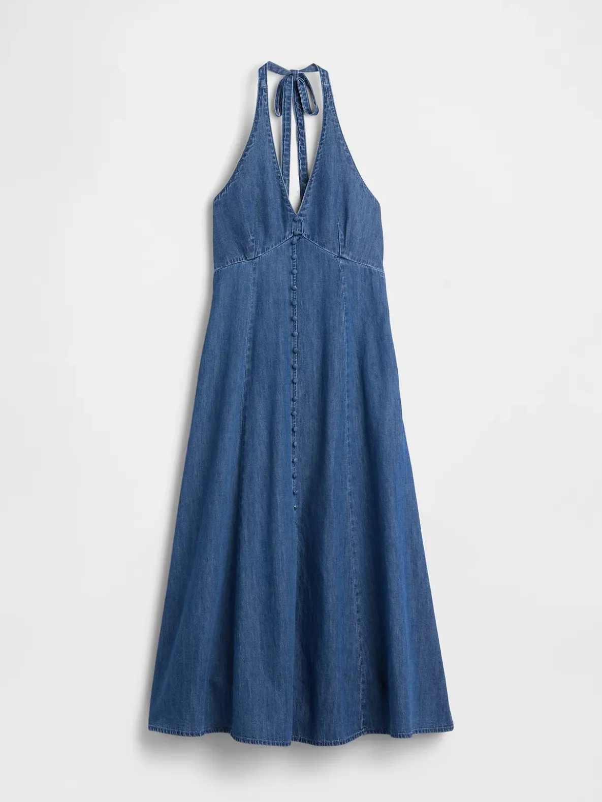 Denim Seamed Halter Maxi Dress