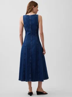 Denim Seamed Zip-Front Midi Dress