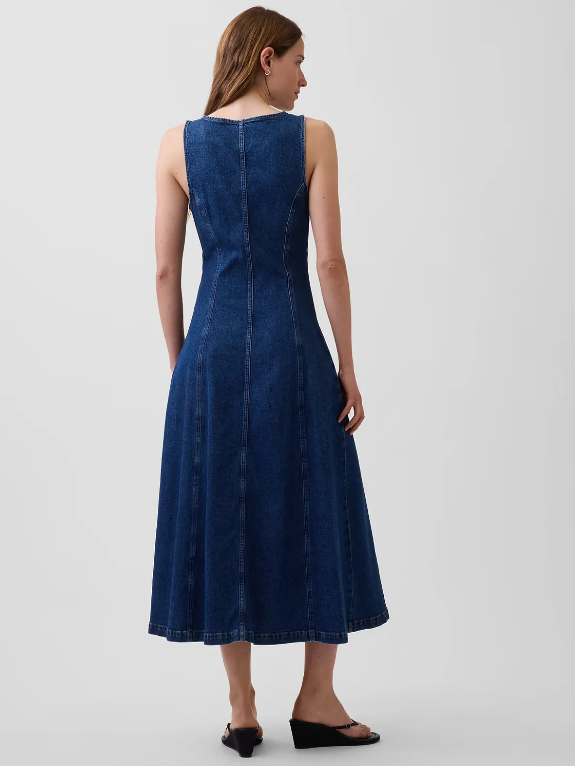 Denim Seamed Zip-Front Midi Dress
