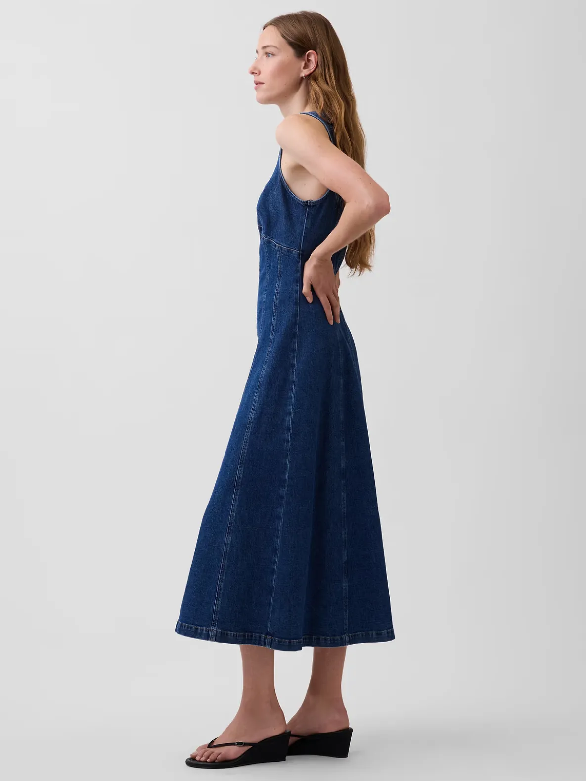 Denim Seamed Zip-Front Midi Dress