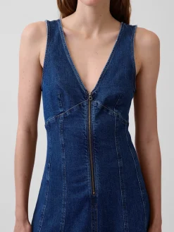 Denim Seamed Zip-Front Midi Dress