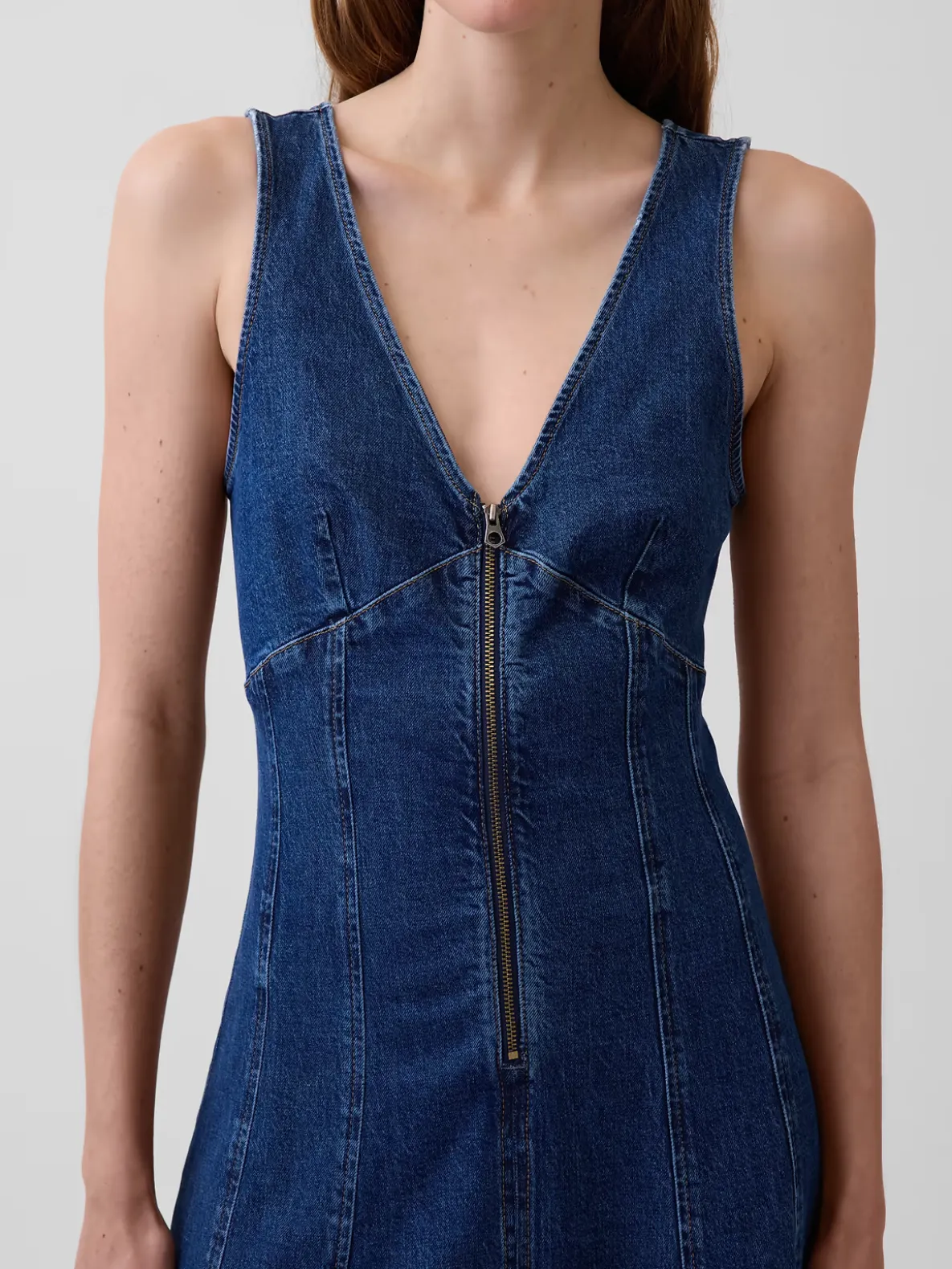 Denim Seamed Zip-Front Midi Dress