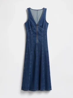 Denim Seamed Zip-Front Midi Dress