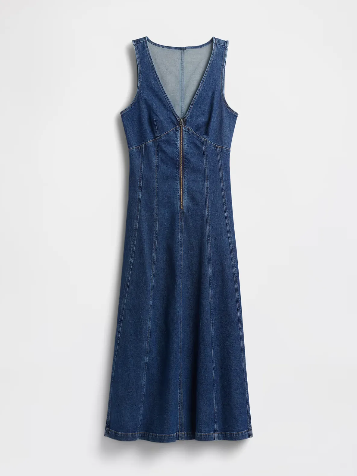 Denim Seamed Zip-Front Midi Dress