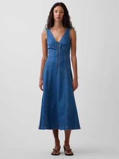 Denim Seamed Zip-Front Midi Dress