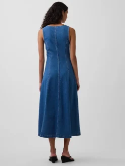 Denim Seamed Zip-Front Midi Dress